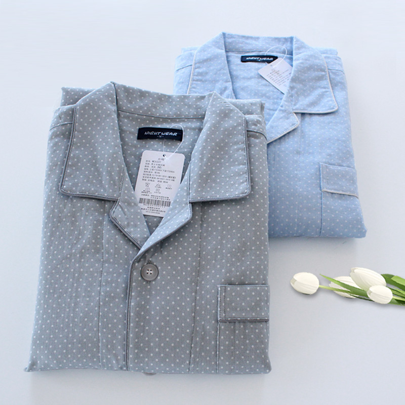男士睡衣纯棉长袖双层纱布棉纱柔软透气春夏季大码日系家居服套装
