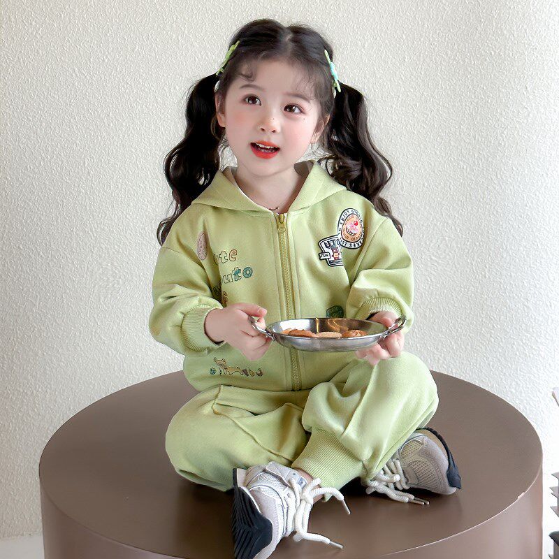 女童套装2025新款春秋开衫连帽拉链宝宝时髦运动服裤长袖外衣卡通