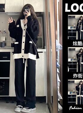 特大码300斤美式潮流休闲套装男C女春秋季时尚针织外套长裤两件套