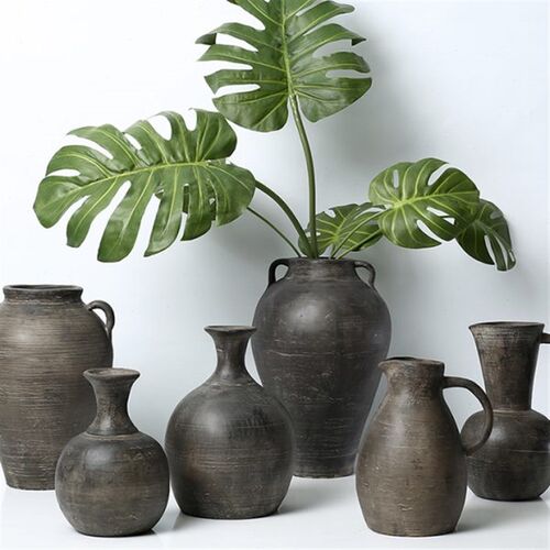 新品搭配诧寂风中古插花器禅意粗陶装饰花瓶中式复古手工黑陶瓷u.