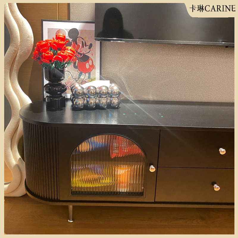 艺术黑色实木法式复古电视柜茶几组合现代简约轻奢白烤漆极简斗柜