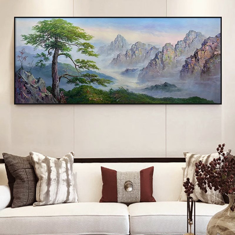 迎客松纯手绘油画新客厅沙发背景墙饰画山峰风景肌理画挂画
