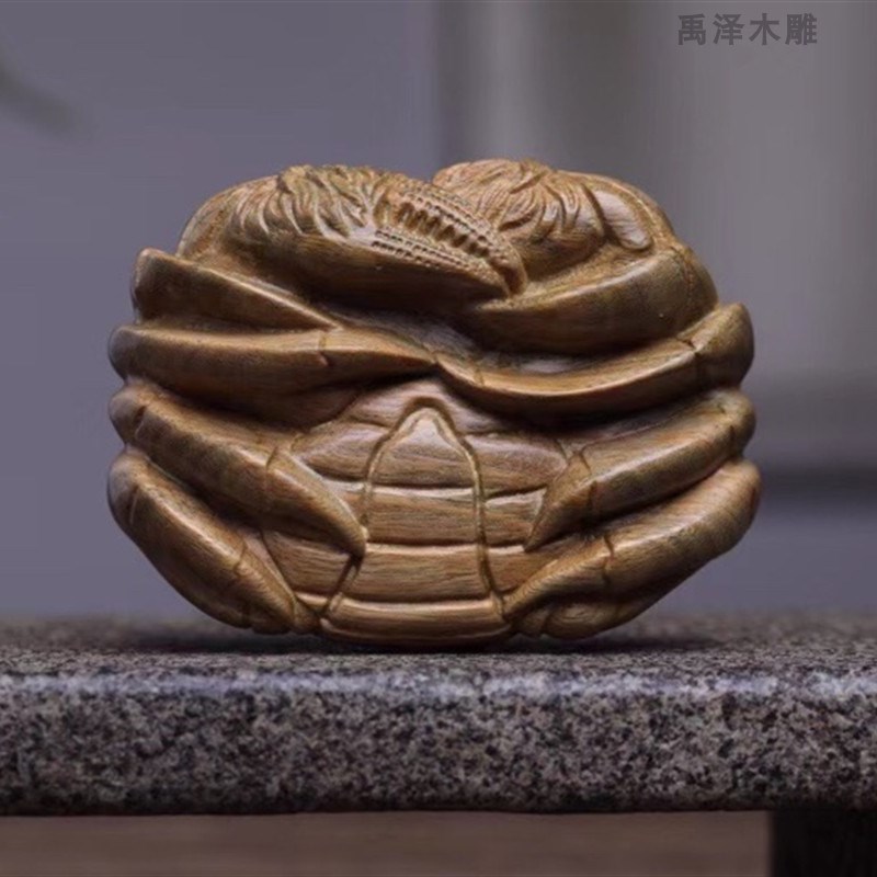 绿檀木雕螃蟹手把玩件实木雕刻八方来财工艺品文玩招财装饰小摆件