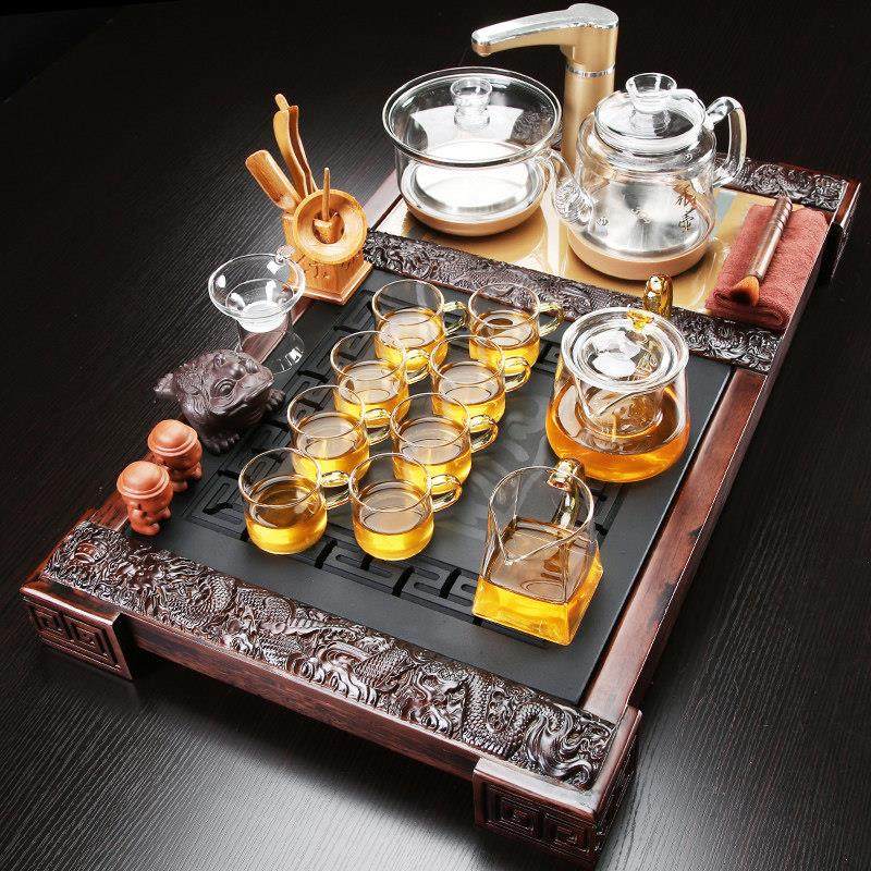 整套紫砂茶具套装家用办公实木上档次大号乌金石自动排水盘玻璃壶
