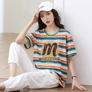 女装 T恤衫 b200斤胖mm夏装 短袖 胖妹妹宽松显瘦条纹上 洋气时尚 大码
