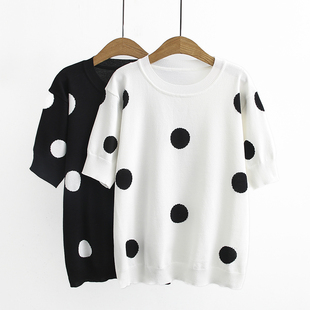 韩版 上衣小清新圆领波点针织短袖 大码 短袖 T恤 女q士新款 2020夏装