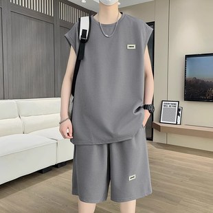 T恤背心套装 短裤 男n夏季 薄款 运动休闲一套 青少年垂感冰丝短袖 无袖