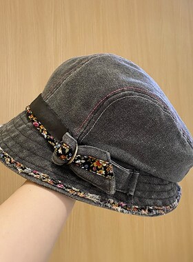 春夏季小众复古做旧花边短檐渔夫A帽女款潮流百搭显脸小盆帽可折