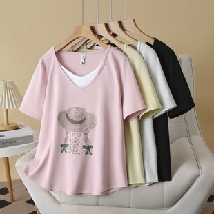 上衣胖mm假两件拼接V领草帽印花短袖 2025b夏装 休闲大码 新款 韩版