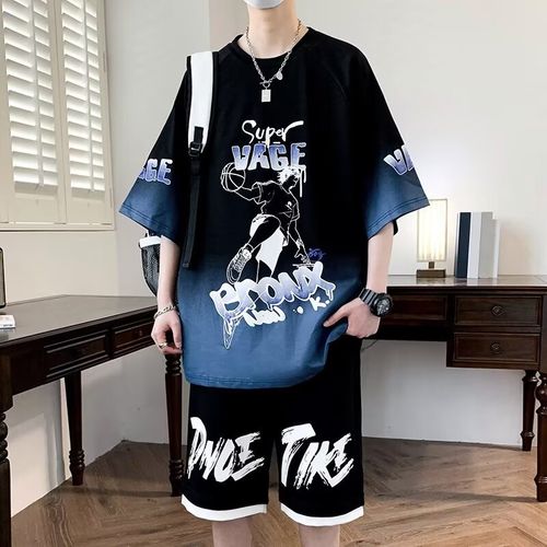 青少年学生短袖t恤套装12-1x5岁男孩帅气夏装13大童宽松运动服一