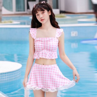儿童泳衣新款 格子t分体两件套大童保守甜美少女度假游泳 女童时尚
