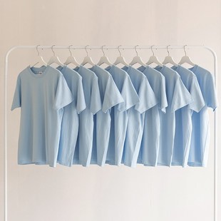 230克重磅纯棉浅蓝淡蓝色婴儿蓝圆领短袖 JT恤男女bf风情侣宽松半