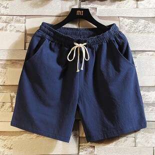 棉麻五分裤 亚麻大码 初中生帅气休闲沙滩 男夏季 纯色抽绳a简约短裤