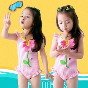 新款 儿童泳衣女童幼童宝宝女连体多工艺粉L色花朵荷叶边女宝小泳