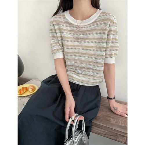 2094【小花条纹针织衫】夏装新品圆领M短袖薄款女士气质上衣