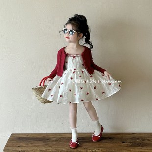 公主裙套 针织衫 女童红色碎花吊带裙连衣裙2v025春夏新款 女孩长袖