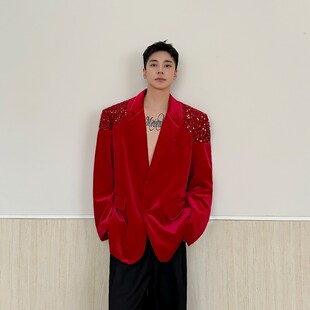 春秋款 潮流轻奢丝绒亮片拼接x红色西服外套气质宴会舞台礼服高级