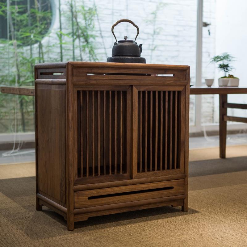 新中式茶水柜桶装水 禅意中式老榆木茶水柜下置水桶 实木茶水边柜