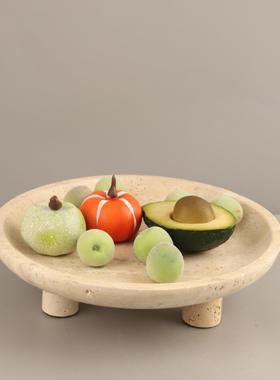 现代简约洞石三脚圆形果盘托盘摆件客厅茶几酒店电视柜家居装饰品