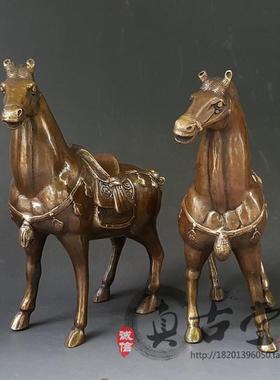 仿古纯铜马摆件大号唐马站马一对家居装饰工艺礼品古玩铜器收藏品
