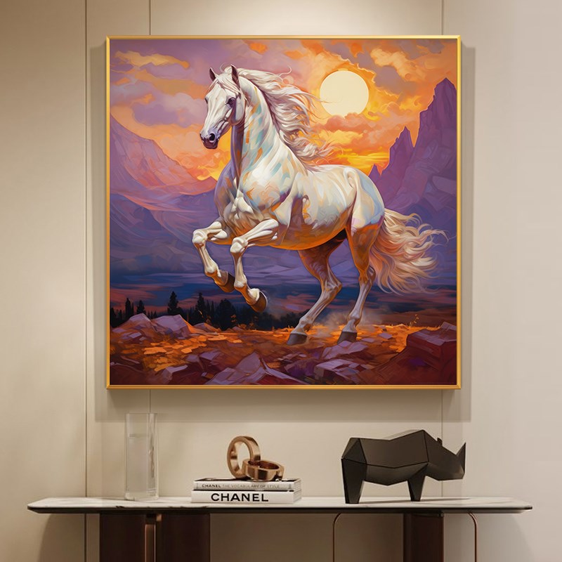 轻奢高级感白色骏马客厅装饰画玄关走G廊办公室挂画餐厅卧室油画图片
