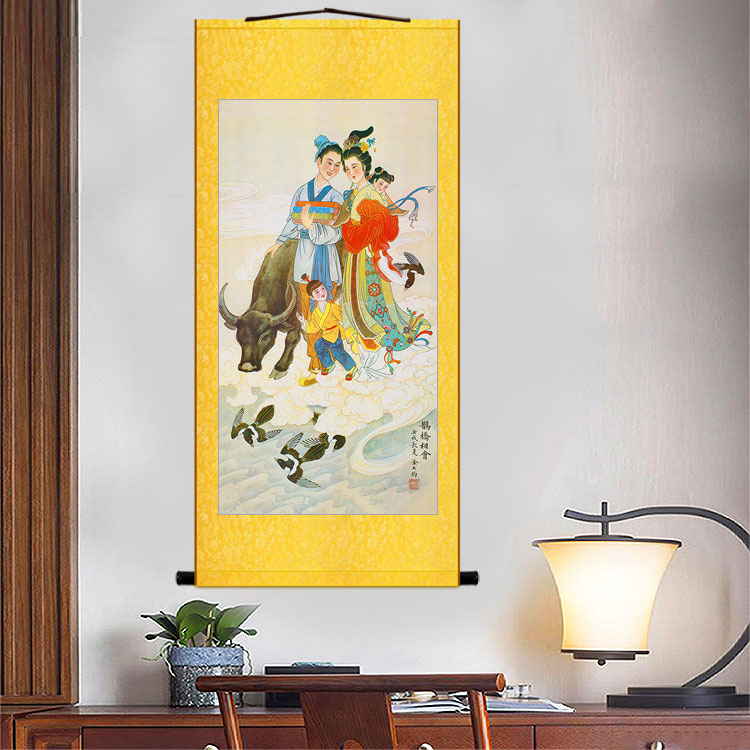 牛郎织女图 七夕节人物画 中式复古装饰画绢布卷轴挂画 来图定制图片