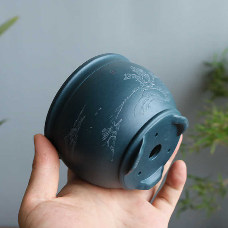 紫砂花盆精品小圆盆全手工刻绘山水多肉仙人球姬月季微型盆景花盆