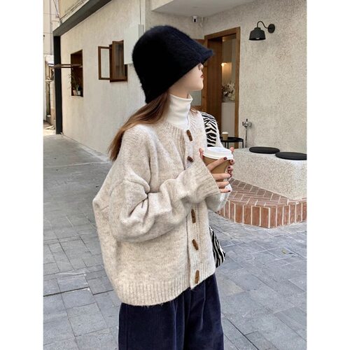 复古牛角扣毛衣秋冬外套韩版慵懒风针织开衫外穿上衣新款女装秋