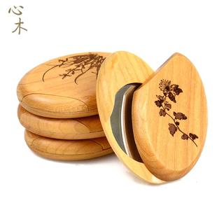 心木木质随身化妆镜创意小圆镜便携带迷你简约高清美容镜折叠镜子