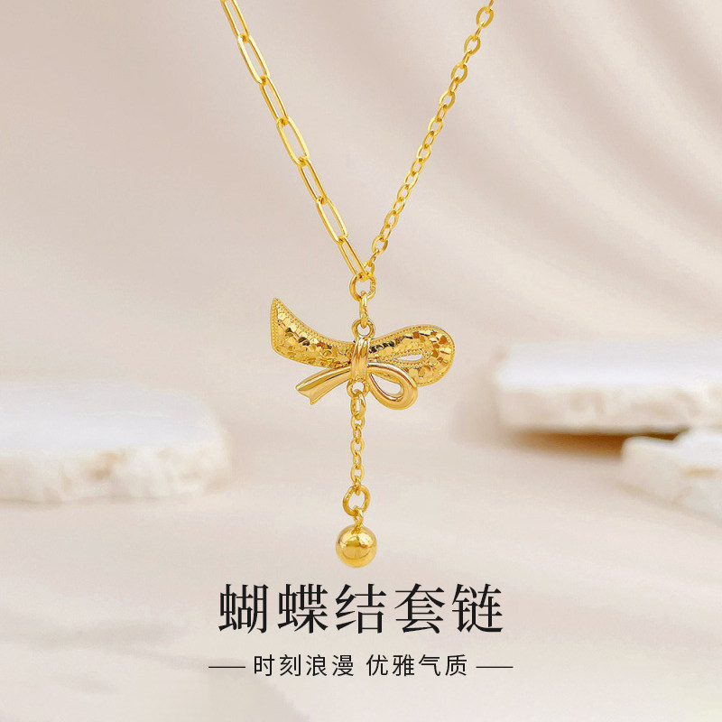 老庙黄金不对称蝴蝶结套链足金999女款项链七夕节礼物送女友老婆