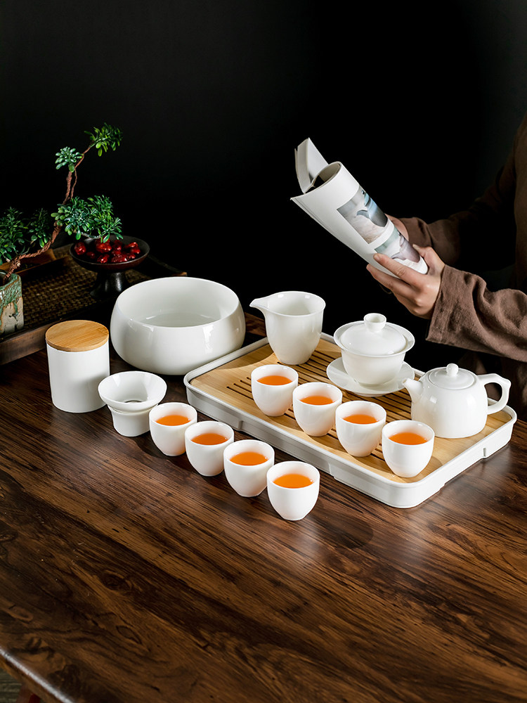 整套功夫茶具套装羊脂玉陶瓷茶盘茶海办公室泡茶盖碗茶杯全套组合