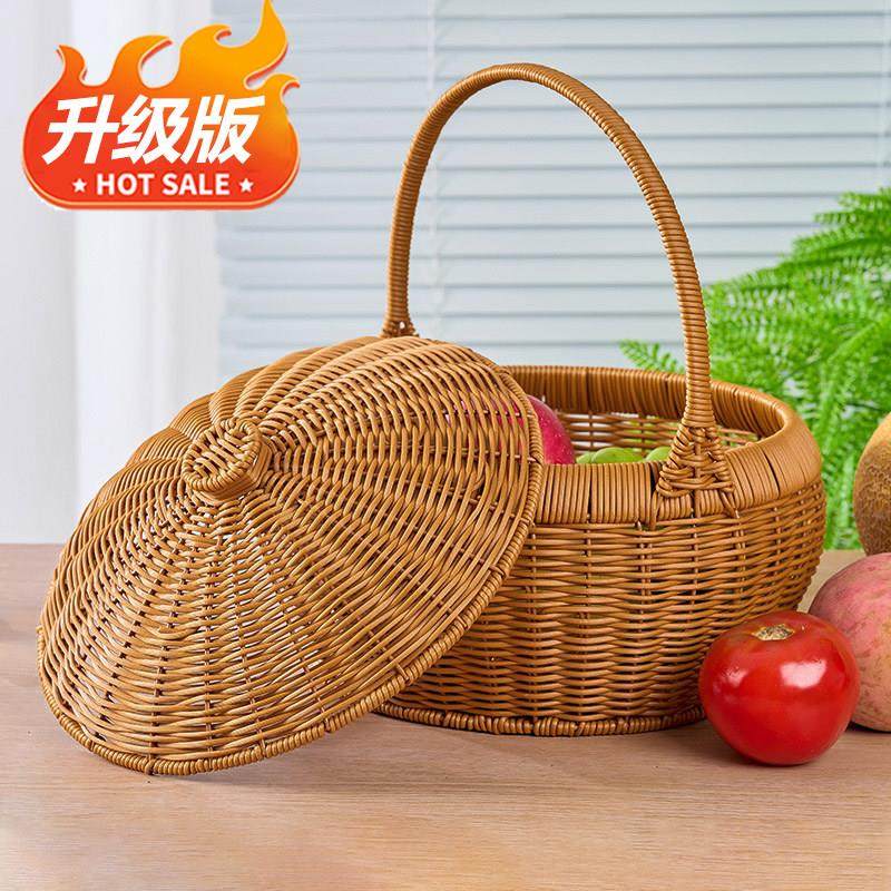 纯手工编织圆形手提篮带盖水果鸡蛋馒头筐野餐食物家用藤编购物篮,收纳整理,购物篮,淘宝优惠券,粉丝福利购,淘宝优惠卷
