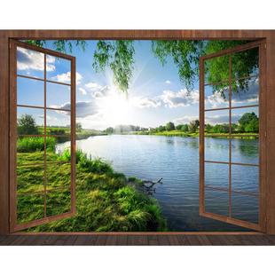 3D卧室空间假窗墙贴画 客厅森林公园溪水湖景花园别墅风景背景墙