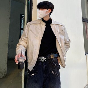 高级感短款机车皮衣男女小众金属设计感黑色休闲翻领垫肩夹克外套