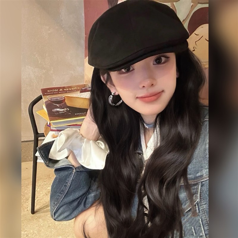前进帽鸭舌帽假发帽子一体女长发秋冬网红大头围画家帽整头假发