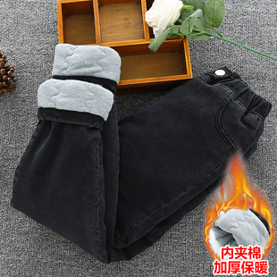 女童牛仔棉裤男童冬装夹棉长裤儿童三层加绒加厚北方一条过冬裤子