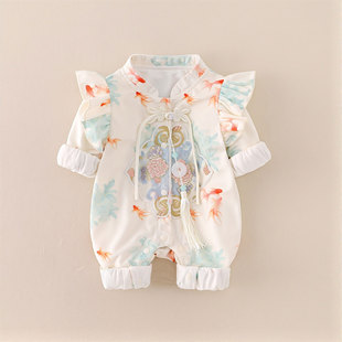 百天宝宝衣服春秋双层无骨哈衣婴儿连体衣女宝秋季中式国风外出服