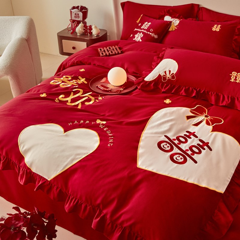 全棉结婚喜庆四件套大红色贴布绣水洗棉被套床单婚房床上用品