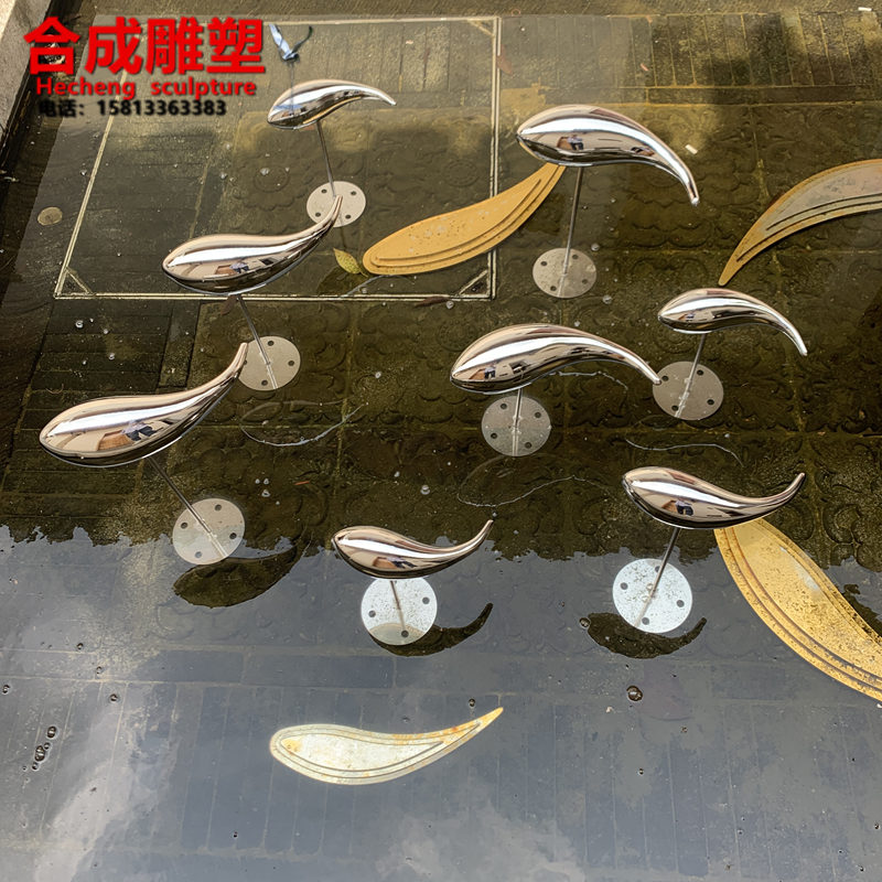 不锈钢镜面小鱼雕塑吊顶装饰售楼部水池金属鱼群抽象艺术摆件壁饰