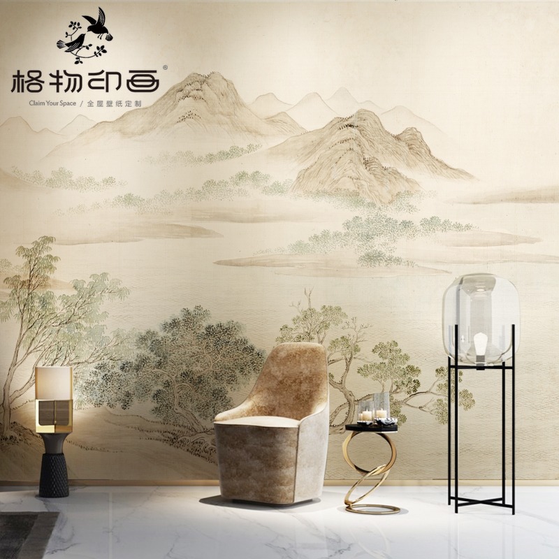 现代中式意境淡雅水墨湖山春暖沙发背景墙纸壁布书房卧室定制壁画