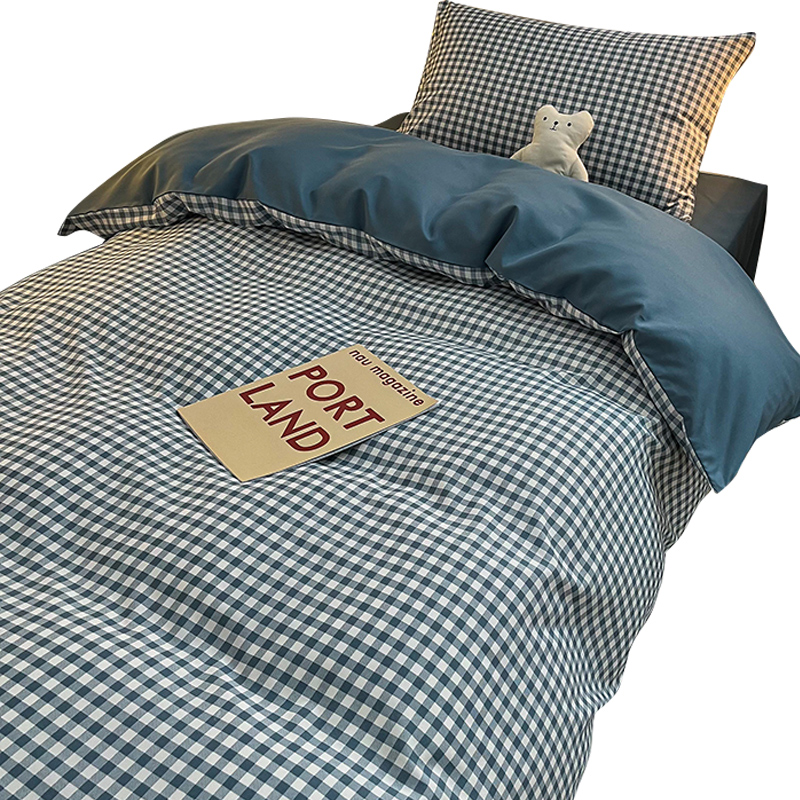 水洗棉学生宿舍床上三件套简约蓝小格被套床单人床高中生四件套男