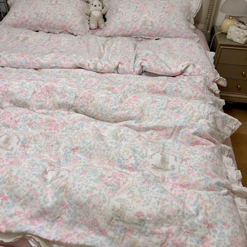 小清新A类母婴级全棉双层纱四件套100纯棉纱布花边被套三件套碎花