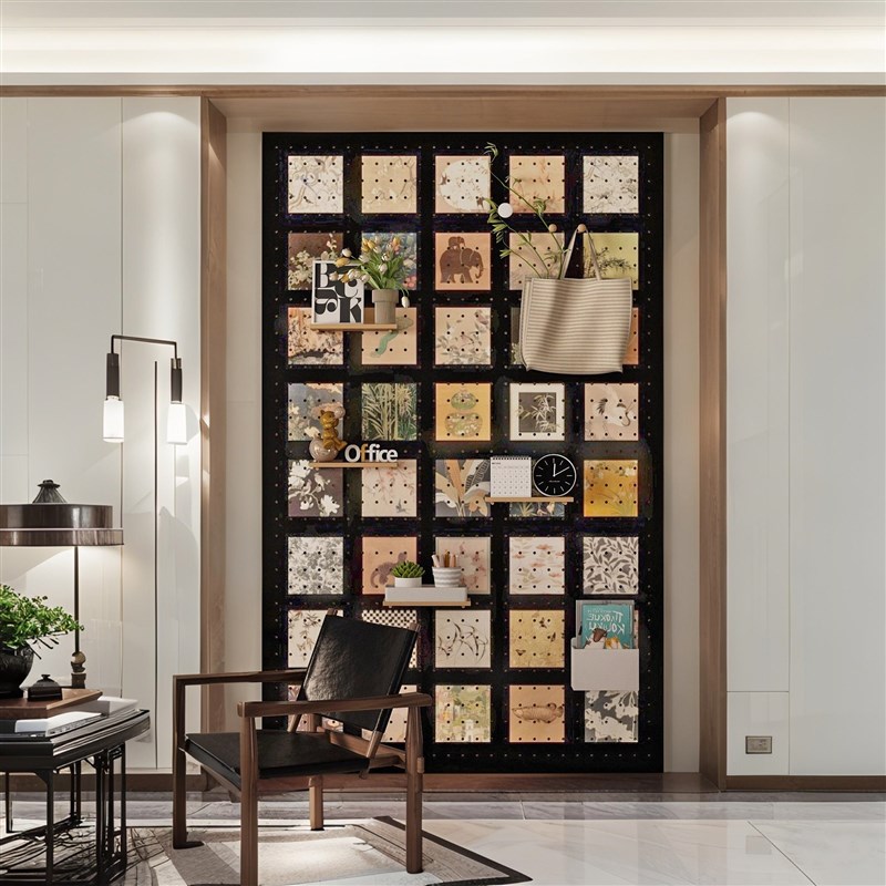 中式洞洞板置物架定制入户玄关遮挡图案造型墙面装饰实木收纳展示