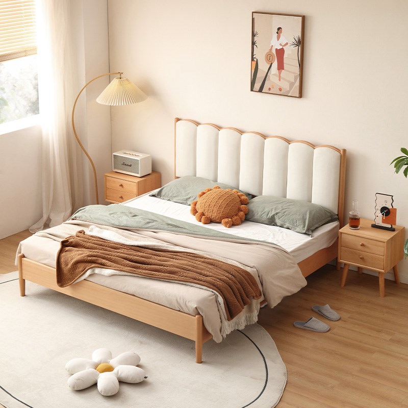 榉木儿童床全实木带软包青少年男孩女孩简约1.5m单人床小户型家具