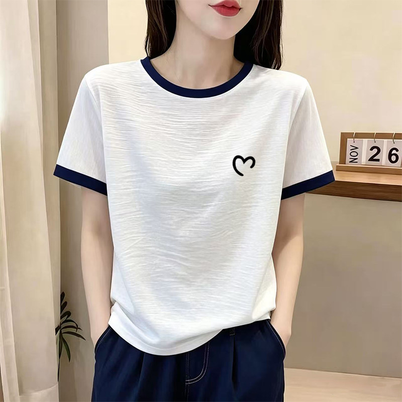 竹节棉撞色拼接圆领短袖t恤女装2026夏季韩版纯棉爱心印花上衣ins