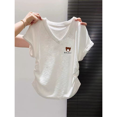 正肩短袖t恤女装2026夏季卡通印花收腰修身显瘦v领打底衫上衣ins