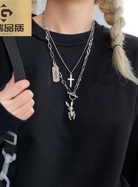 机械兔子十字架项链女多层叠戴ins潮嘻哈冷淡风小众设计感毛衣链