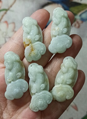 411缅甸天然翡翠吊坠雕刻件手把件飘花貔貅如意福寿卡36X17mm洒金