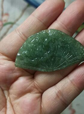 389缅甸天然翡翠吊坠飘花凤穿牡丹扇子牌卡50X28mm左右满48元包邮