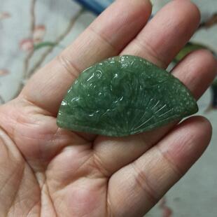 389缅甸天然翡翠吊坠飘花凤穿牡丹扇子牌卡50X28mm左右满48元 包邮